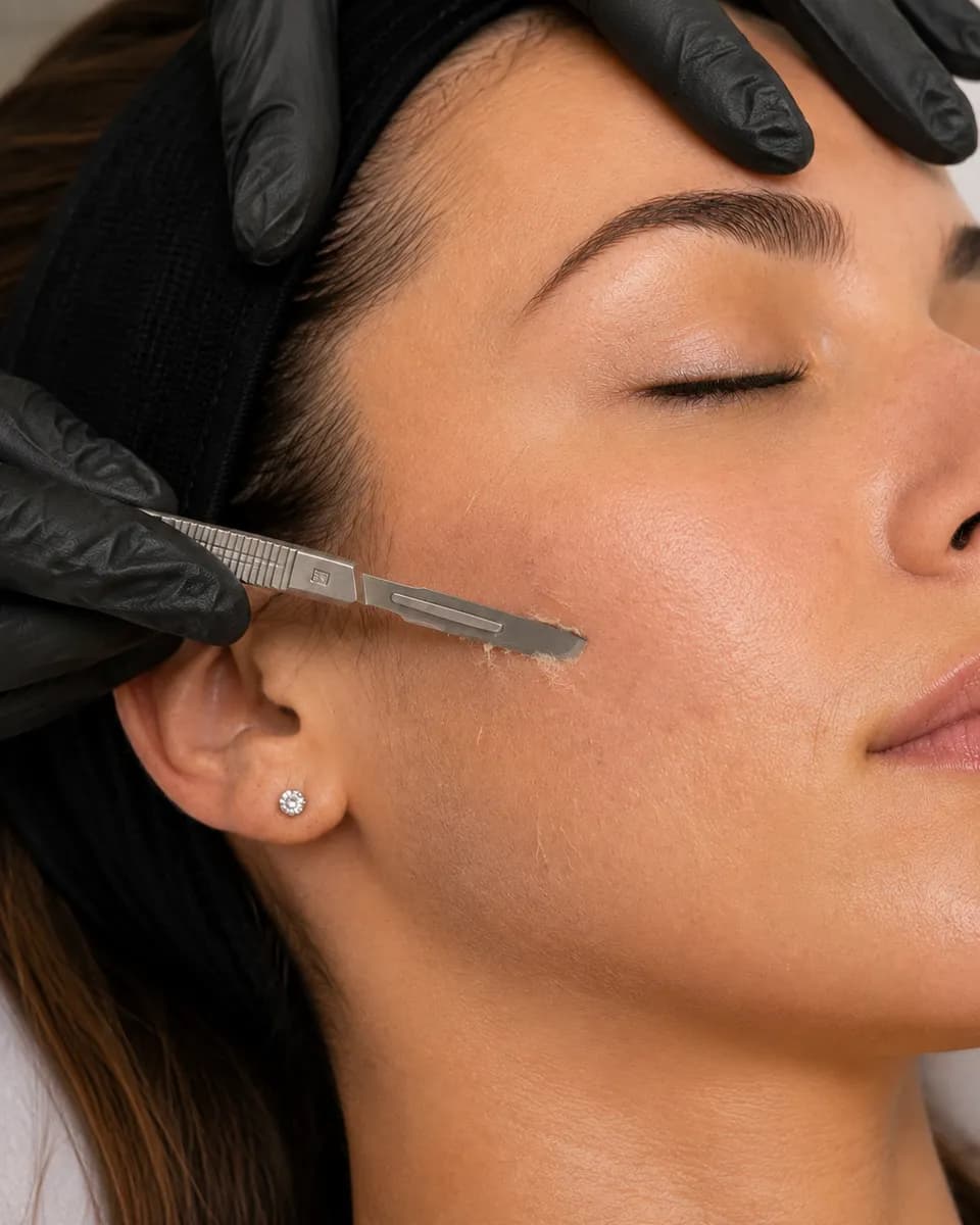 A practitioner performing a dermaplaning treatment on a client's cheek
